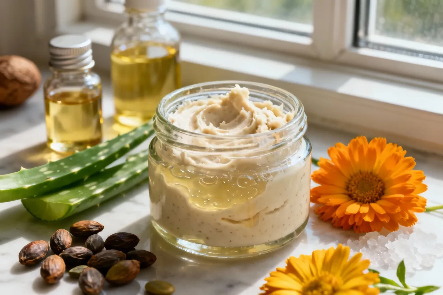 Macro d'un pot en verre contenant une crème hydratante maison avec texture de beurre de karité et gel d'aloe vera