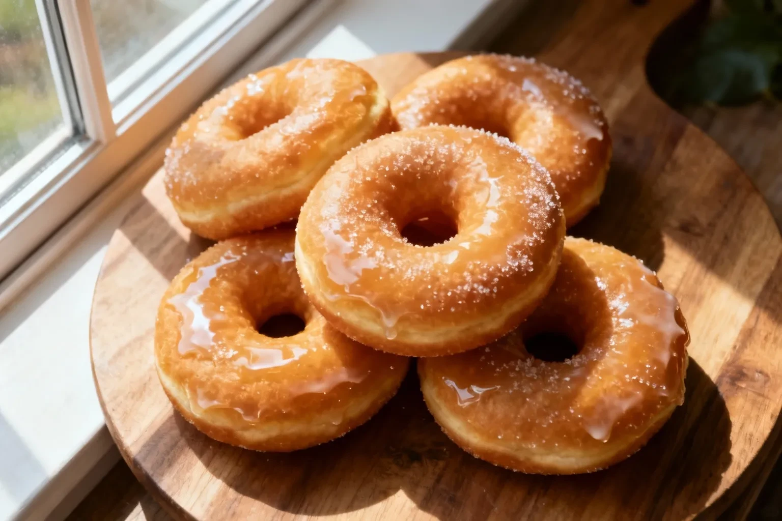 Donuts maison dorés avec glaçage brillant au sucre, présentés sur une assiette en porcelaine blanche