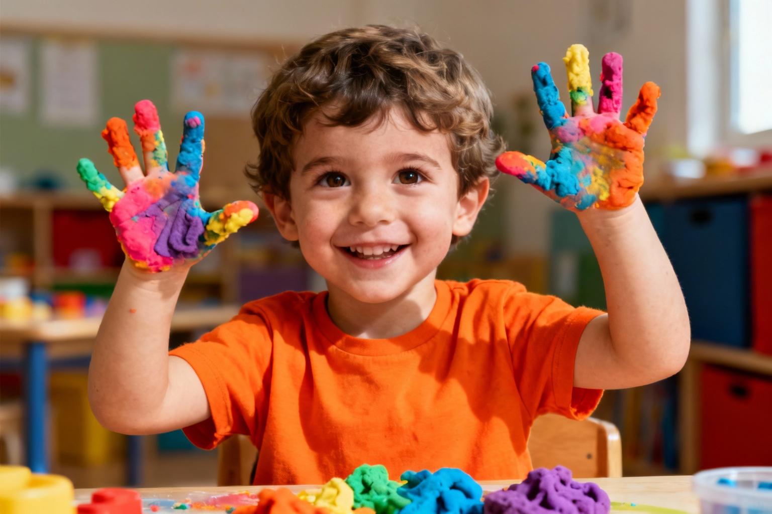Jeune garçon de 3 ans joyeux jouant avec de la pâte à modeler colorée lors d'une séance de thérapie