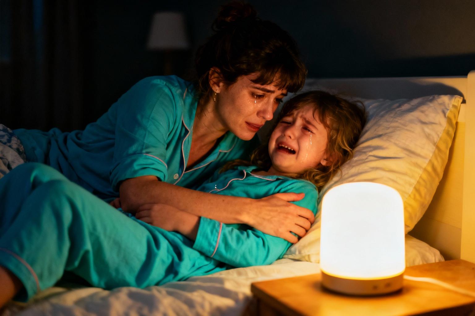 Une jeune mère française fatiguée console sa fille de 3 ans en pleurs à l'heure du coucher, portant des pyjamas turquoise lumineux