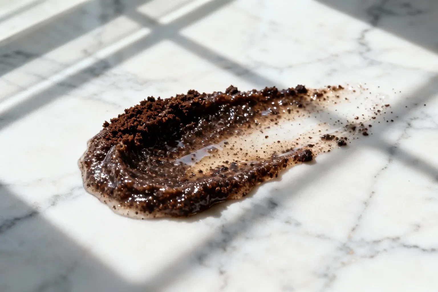 Gommage corporel fait maison avec marc de café et huile de coco posé sur un plan de travail en marbre