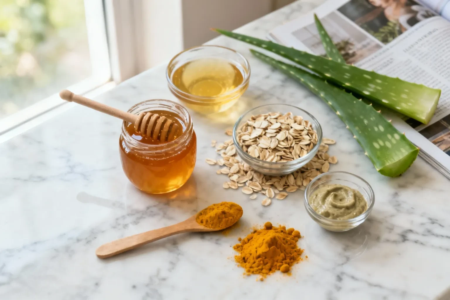 Arrangement d'ingrédients naturels pour masques visage maison sur une surface en marbre