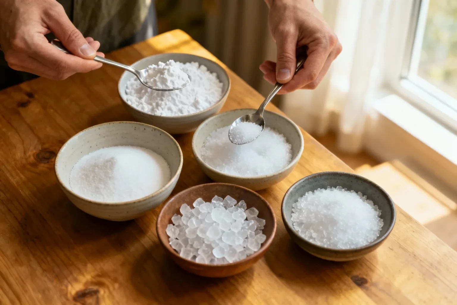 Bols de bicarbonate de soude, cristaux de soude, sel et acide citrique disposés sur planche en bois pour fabriquer des tablettes lave-vaisselle