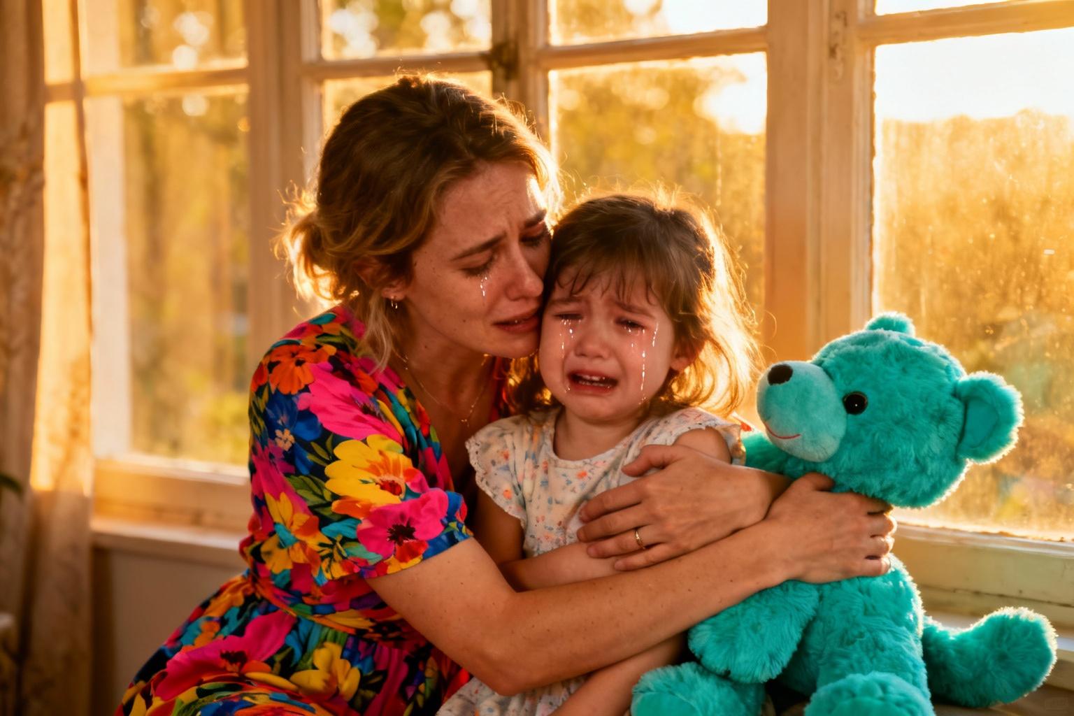 Jeune mère européenne réconfortant sa fille de 3 ans en pleurs avec un jouet en peluche turquoise, lumière dorée