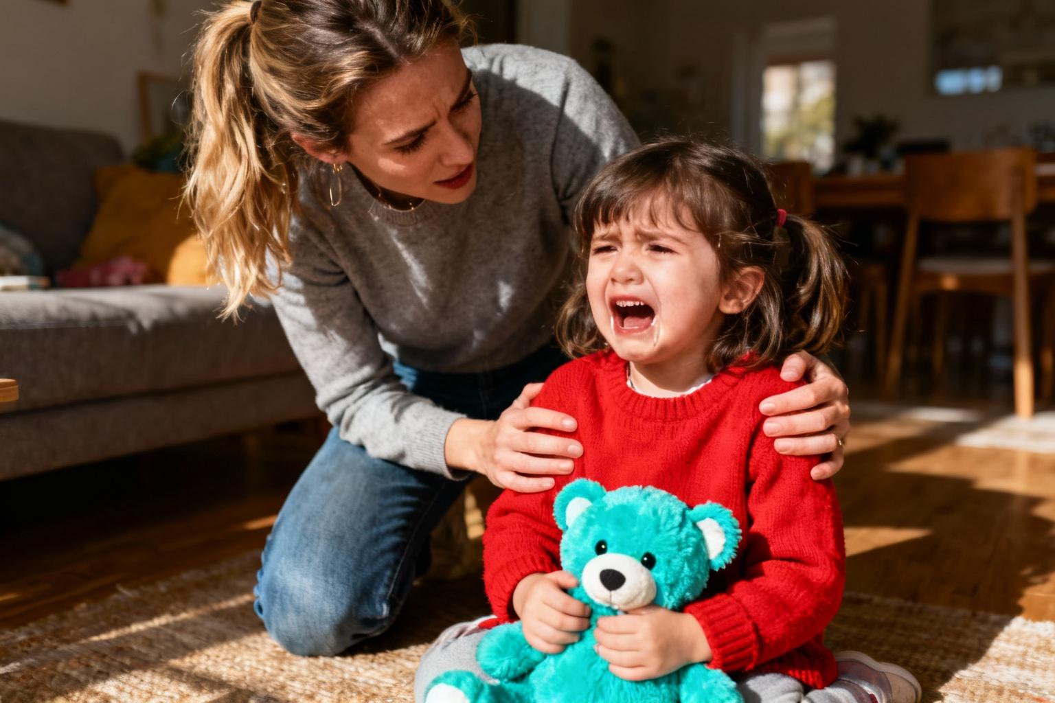 Jeune mère européenne agenouillée consolant sa fille de 3 ans en pleine crise, doudou turquoise et pull rouge vif