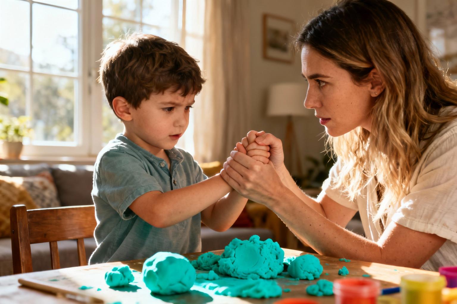 Jeune mère tenant doucement les mains de son fils de 3 ans pour prévenir un geste brusque, avec pâte à modeler turquoise sur la table