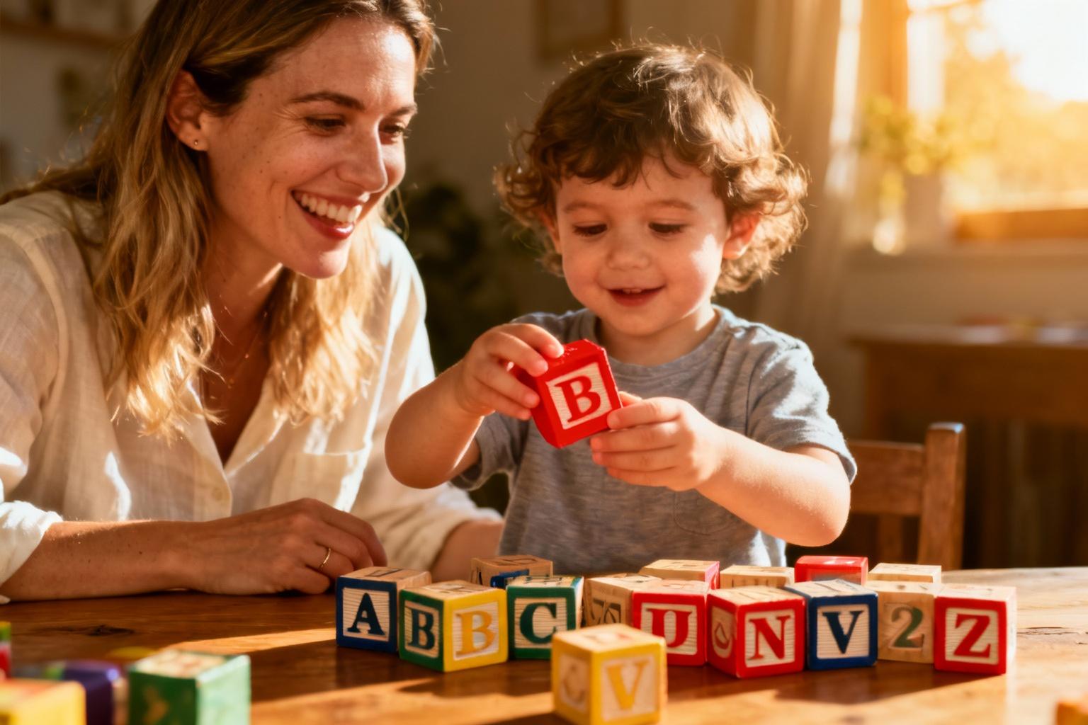 Mère et enfant de 3 ans souriants jouant avec des blocs alphabet en bois colorés sur une table ensoleillée