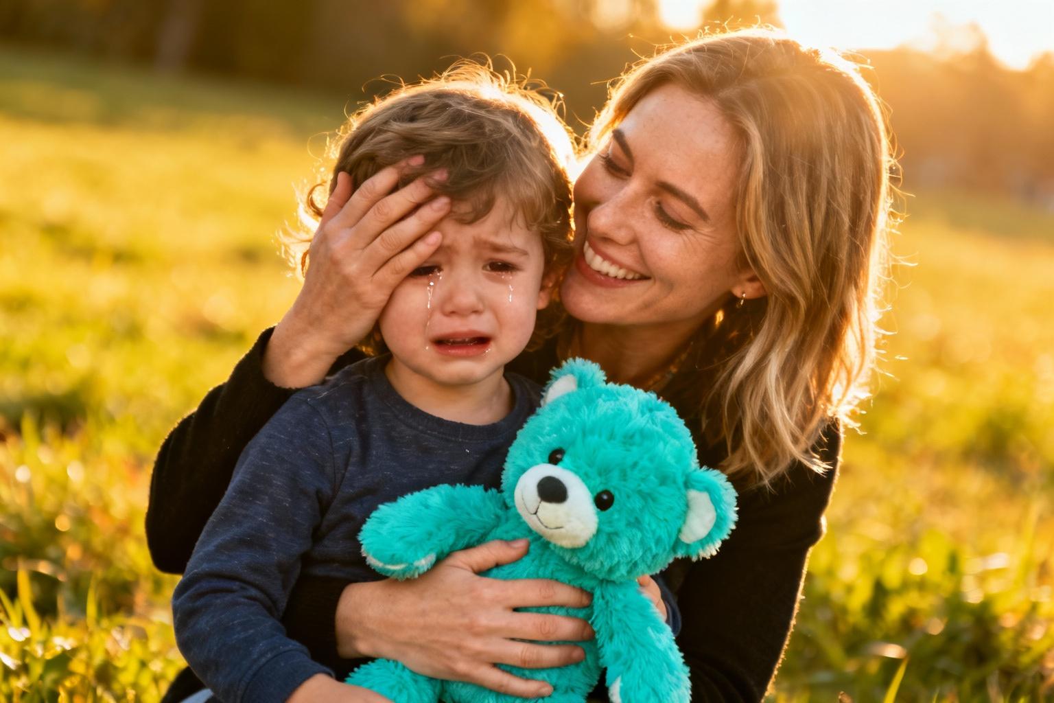 Mère souriante réconfortant son enfant de 3 ans avec une peluche turquoise lors d'un moment émotionnel