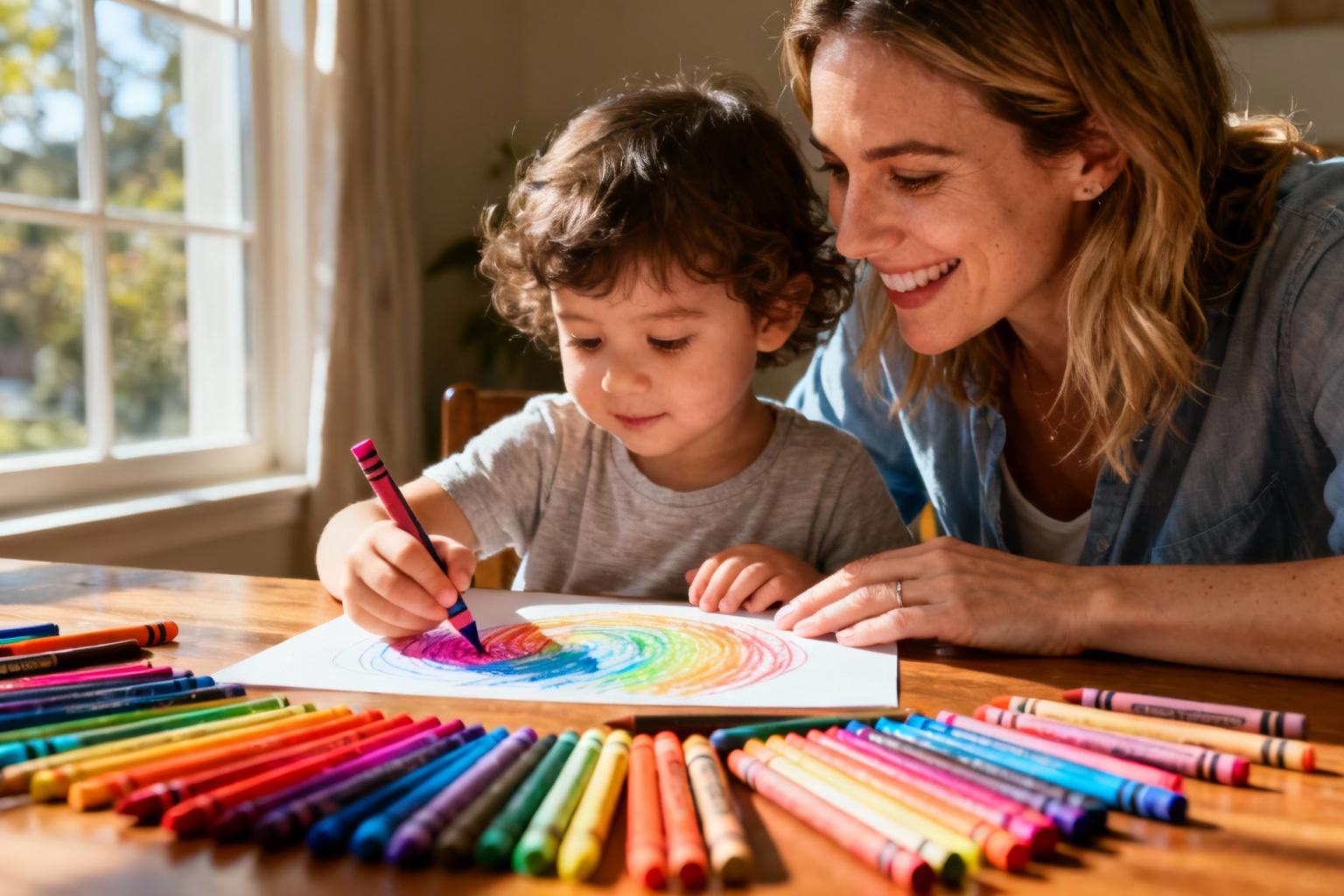 Mère et son enfant de 3 ans dessinant ensemble à une table en bois avec des crayons aux couleurs vives