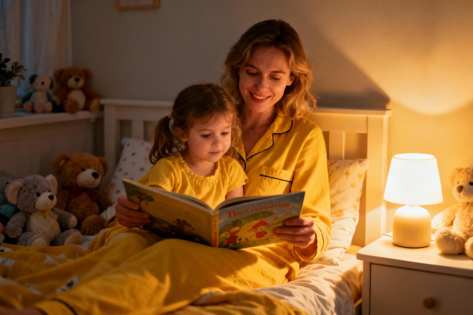 Mère et petite fille en pyjama jaune lisant un livre dans une chambre éclairée par une veilleuse