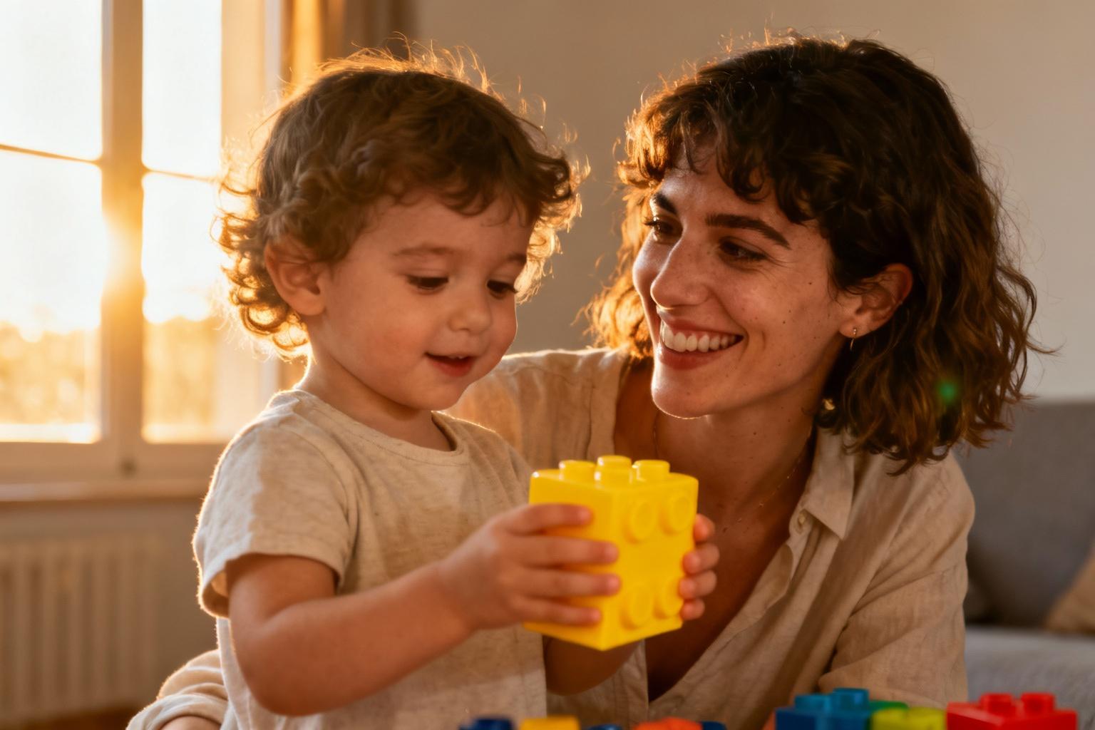 Mère française souriante interagissant avec son enfant de 3 ans tenant un jouet bloc jaune vif