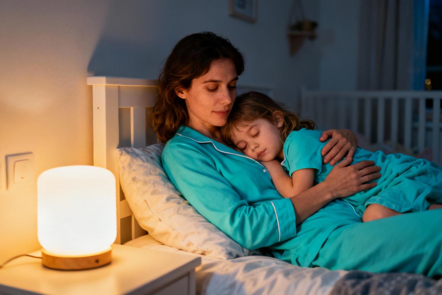 Jeune mère française berçant son enfant de 3 ans dans une chambre éclairée par une veilleuse turquoise