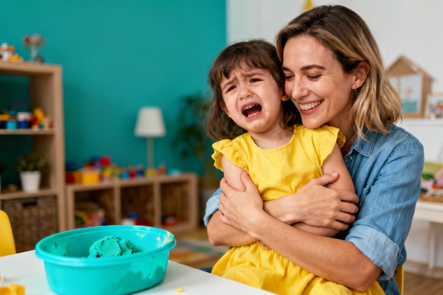Jeune mère européenne souriante serrant tendrement sa fille de 3 ans en pleine crise dans ses bras
