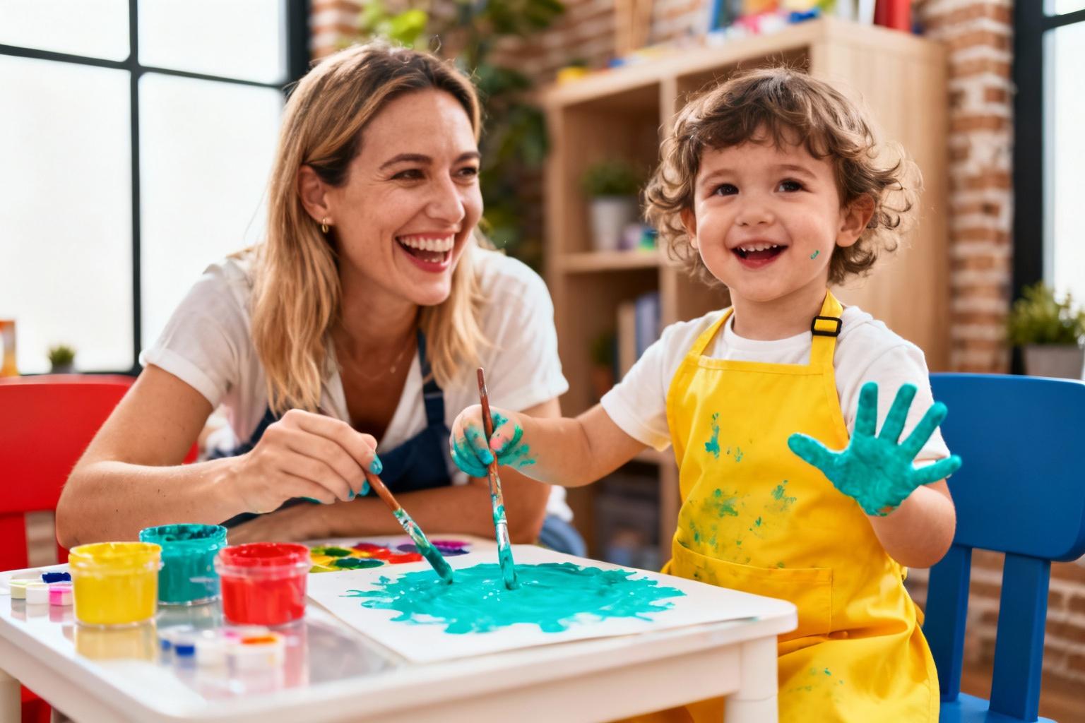 Mère et enfant souriants en train de peindre ensemble sur une petite table, éclaboussures de peinture turquoise sur les mains de l'enfant