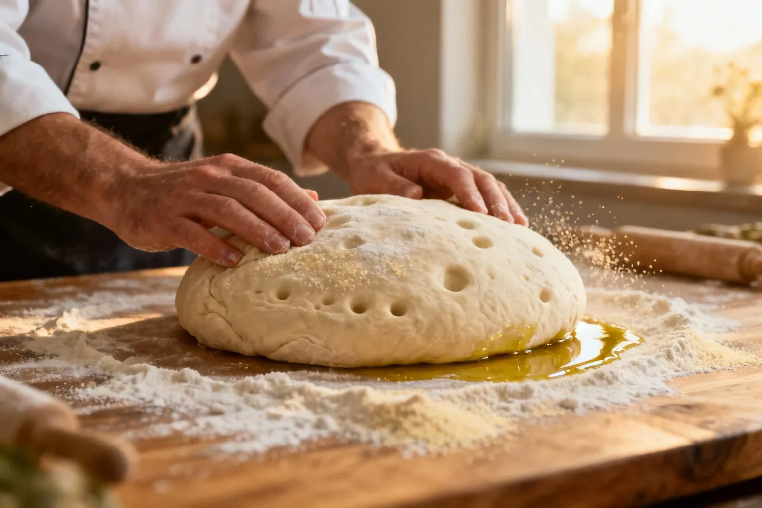 Pâte à pizza maison sur planche en bois, mains de chef européen en train de la façonner avec de la semoule et de la farine
