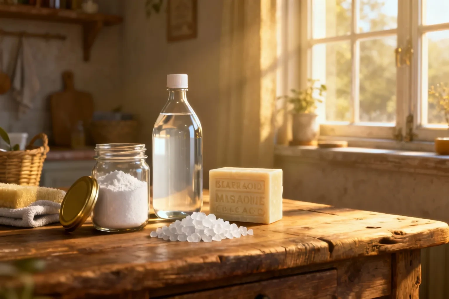 Produits ménagers écologiques faits maison avec vinaigre blanc, bicarbonate, savon de Marseille et cristaux d'acide citrique sur table en bois