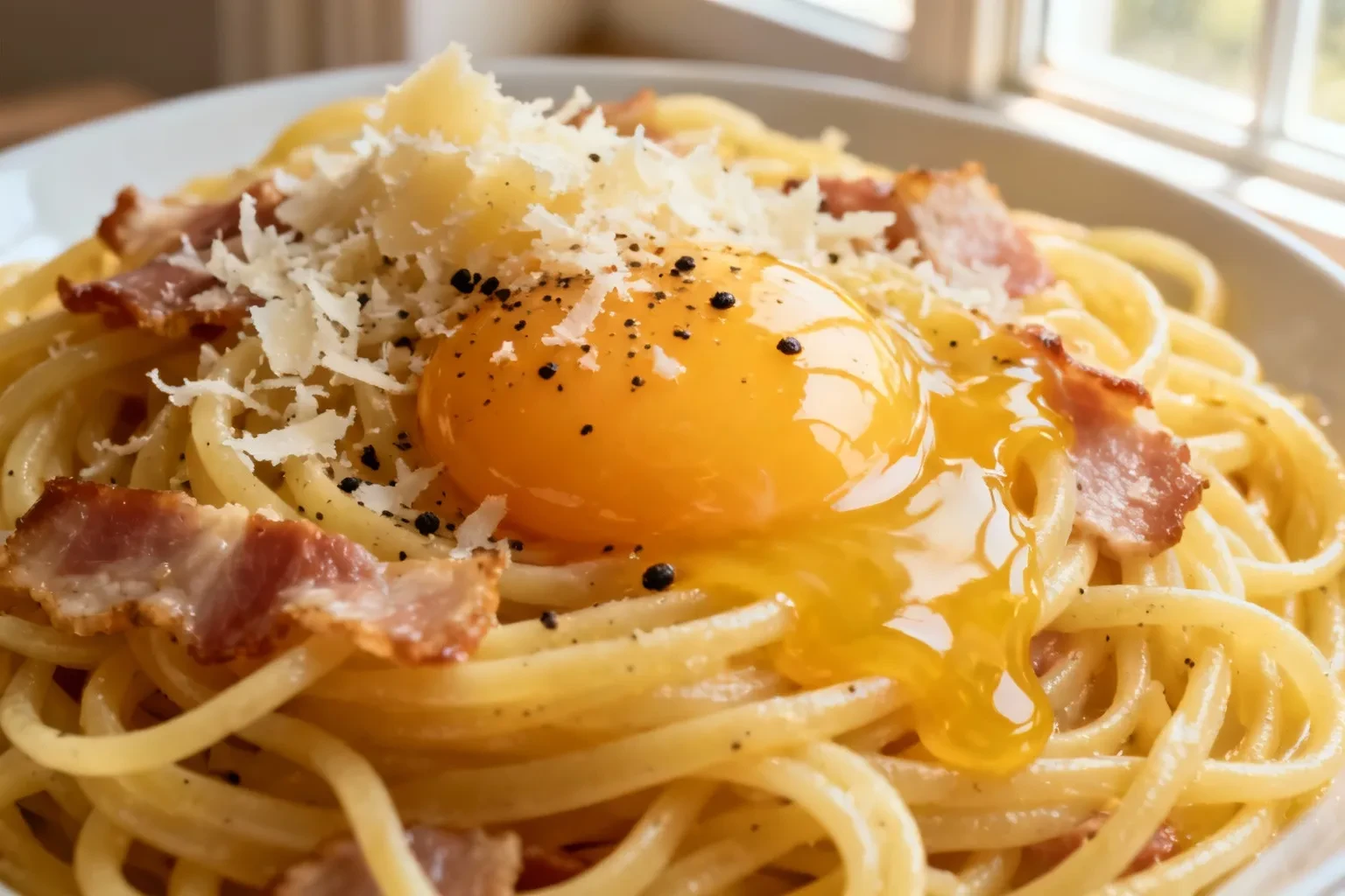 Spaghetti carbonara préparés à la maison avec sauce crémeuse, jaune d'oeuf brillant et parmesan râpé