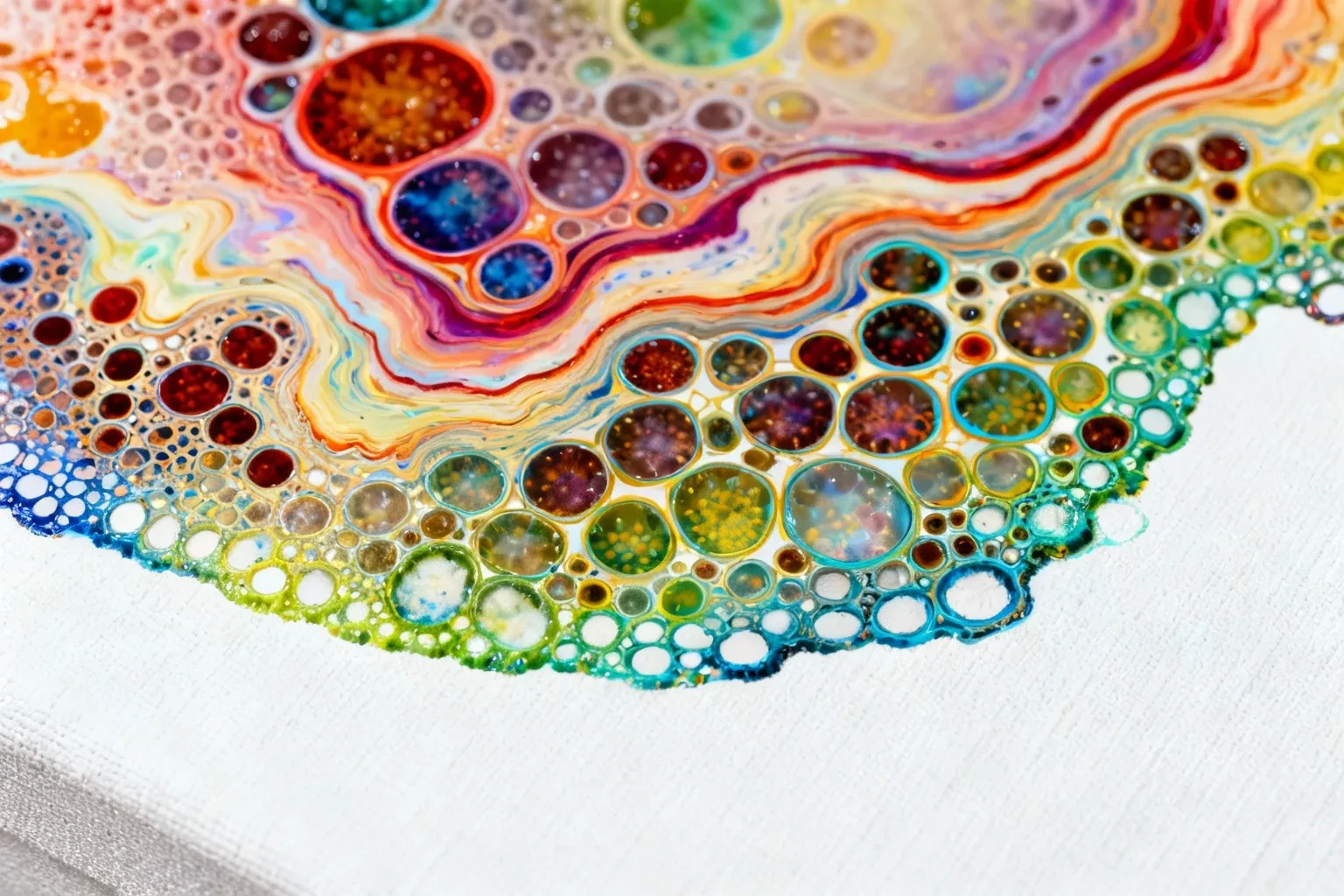Détail macro d'une peinture acrylique fluide avec motifs cellulaires et marbrés sur toile blanche