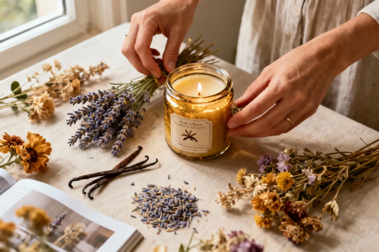 Bougie artisanale en cire de soja parfumée à la lavande et vanille dans pot en verre avec fleurs séchées arrangées par une femme