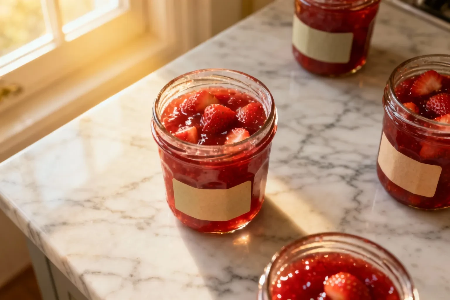 Confiture de fraises maison dans des pots en verre posés sur un plan de travail en marbre, pièces de fruits visibles