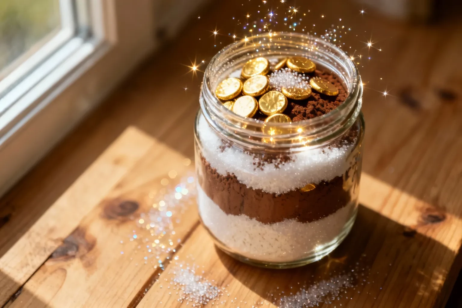 Bocal en verre décoré contenant des cookies faits maison avec pépites de chocolat et sucre, sur fond en bois naturel