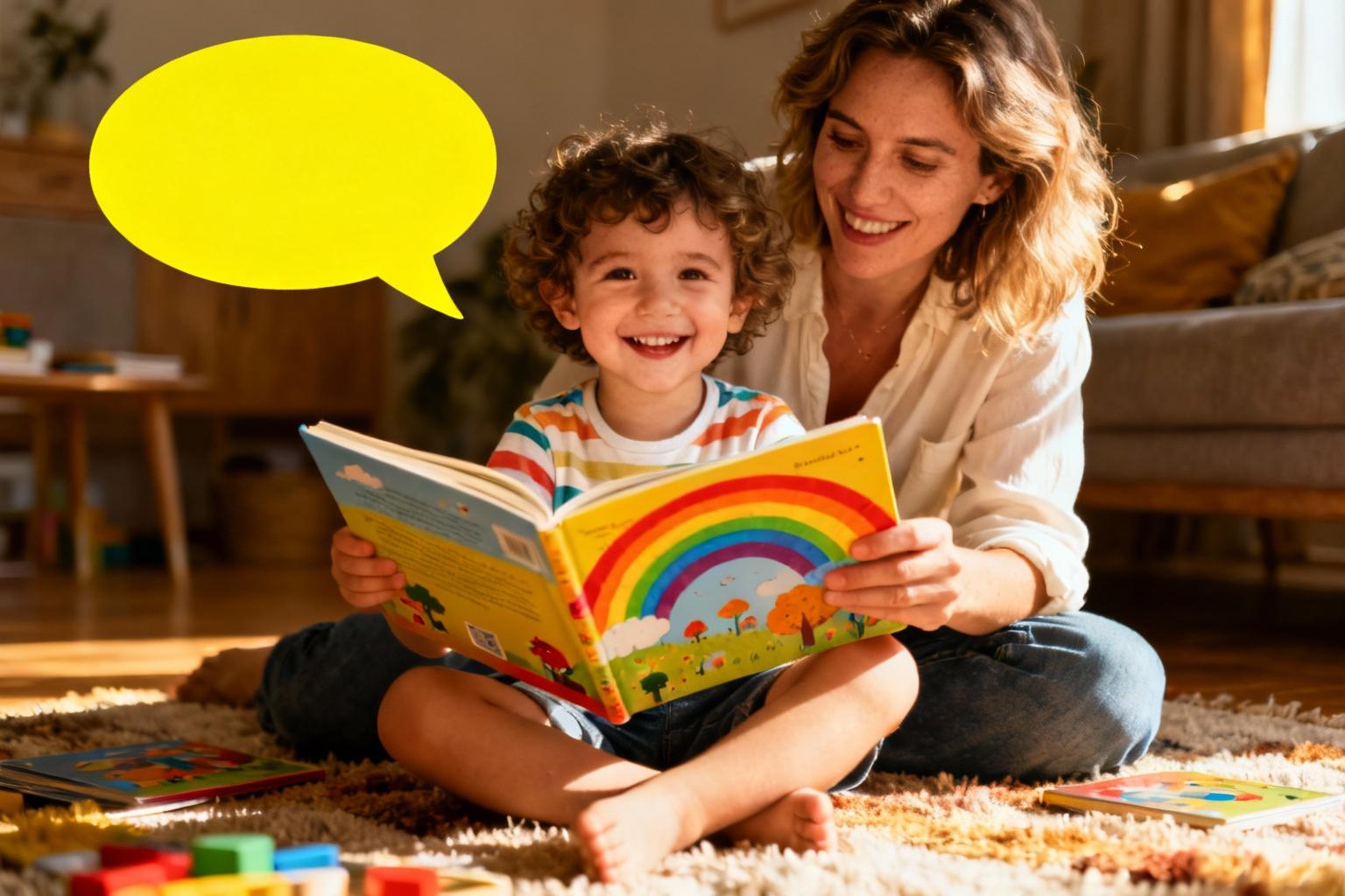 Jeune enfant souriant regardant un livre coloré avec sa mère dans une pièce baignée de lumière naturelle