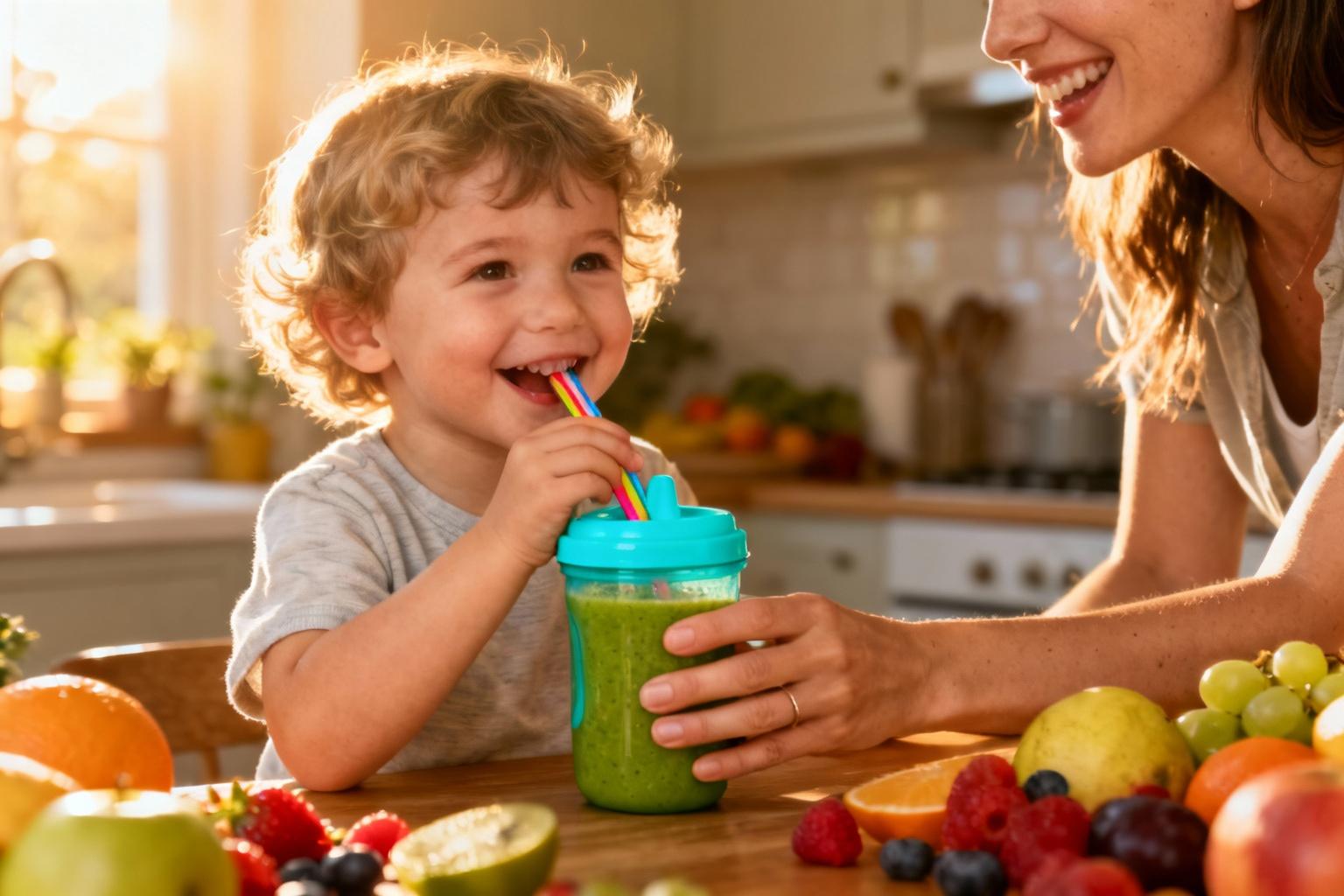 Enfant heureux buvant un smoothie vert avec une paille colorée dans une tasse turquoise