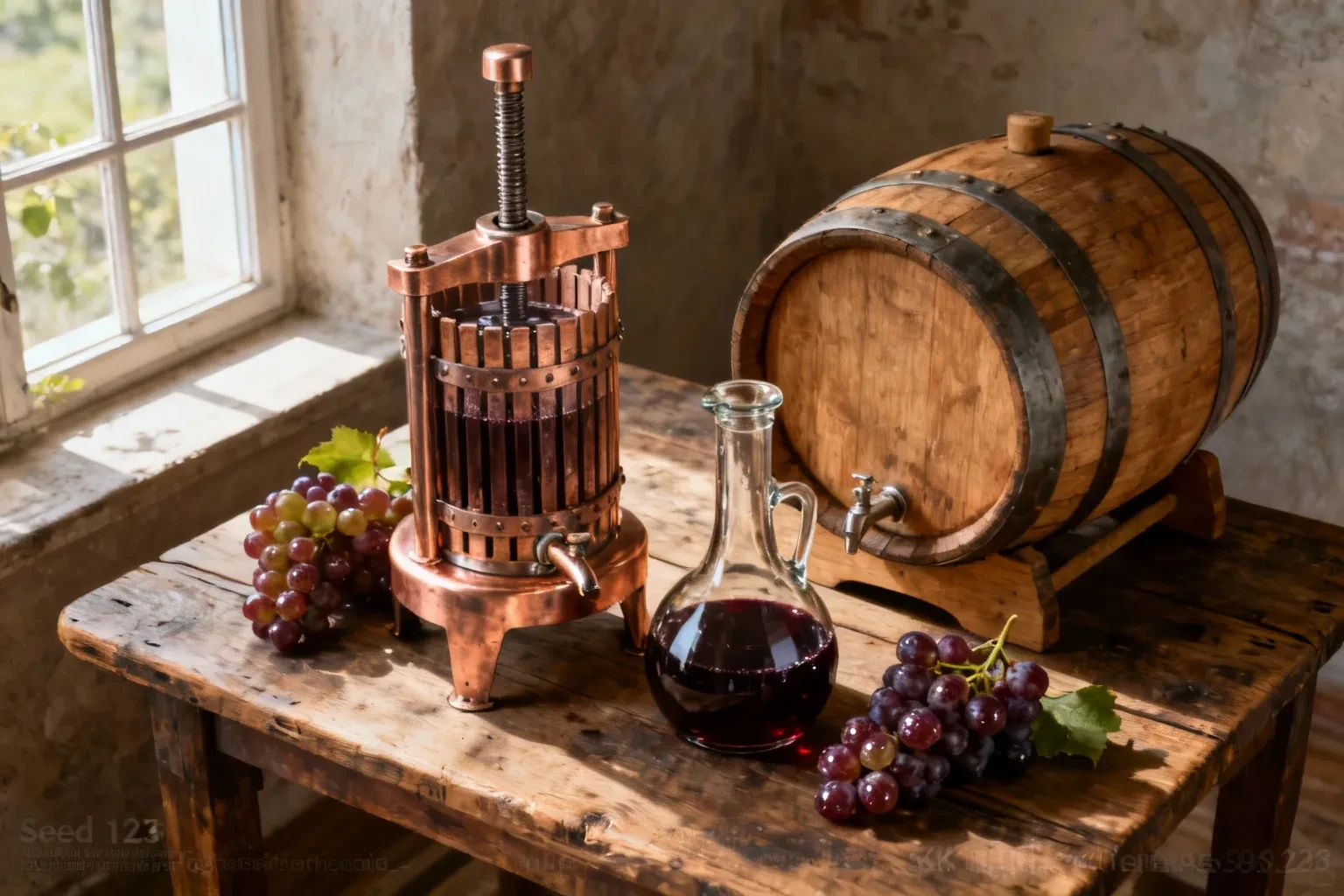 Matériel de vinification posé sur table en bois : pressoir en cuivre, dame-jeanne en verre, tonneau de chêne et grappes de raisin