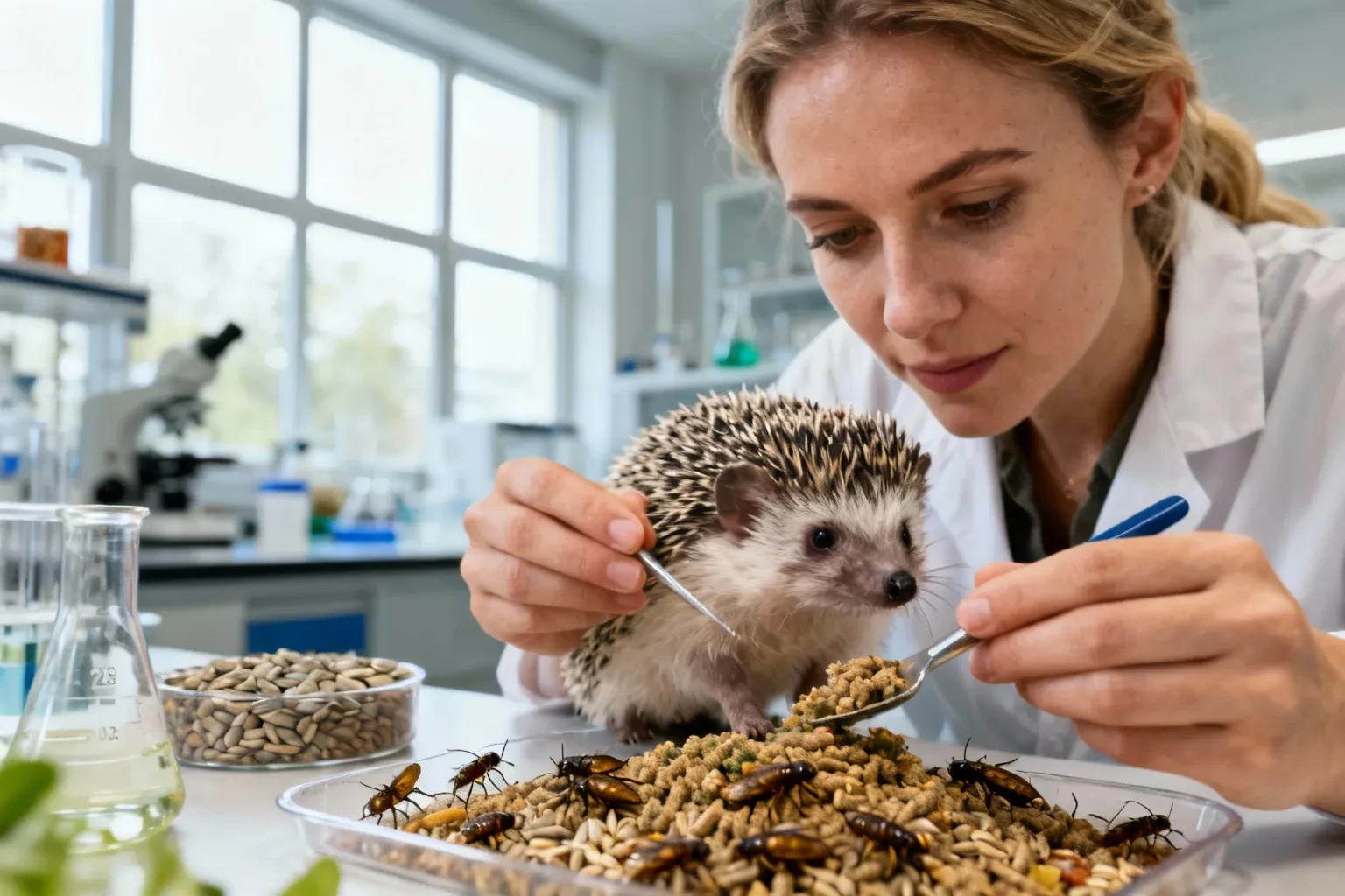 Scientifique préparant une nourriture saine à base d'insectes pour hérisson dans un laboratoire