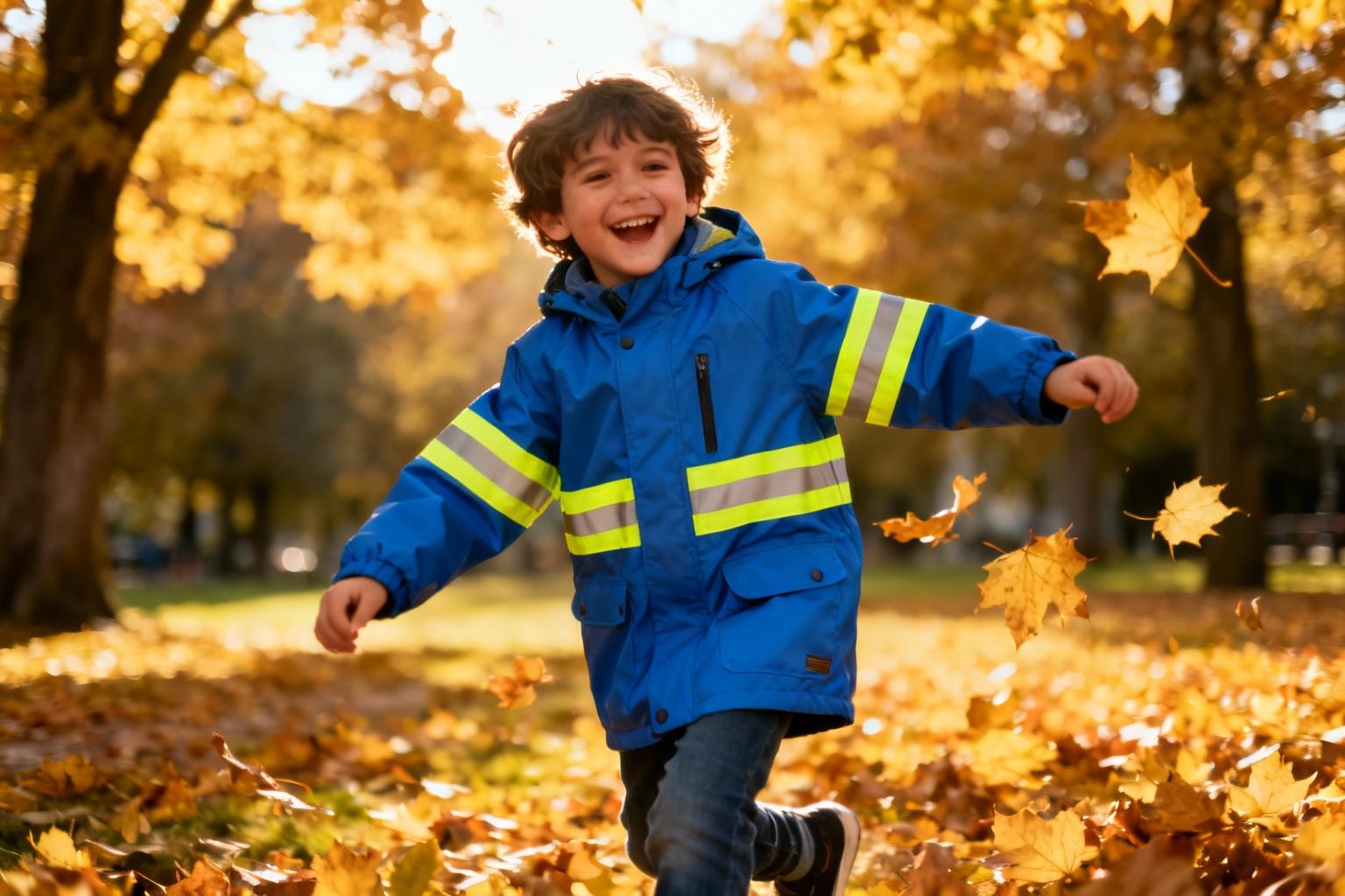 Jeune garçon souriant portant une parka bleue avec bandes jaunes réfléchissantes, jouant dans un parc automnal