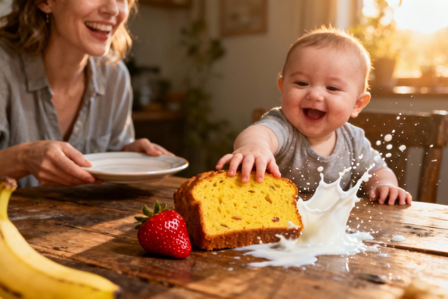 Petite main de bébé tendue vers une tranche de banana bread dorée avec une fraise rouge sur une table en bois