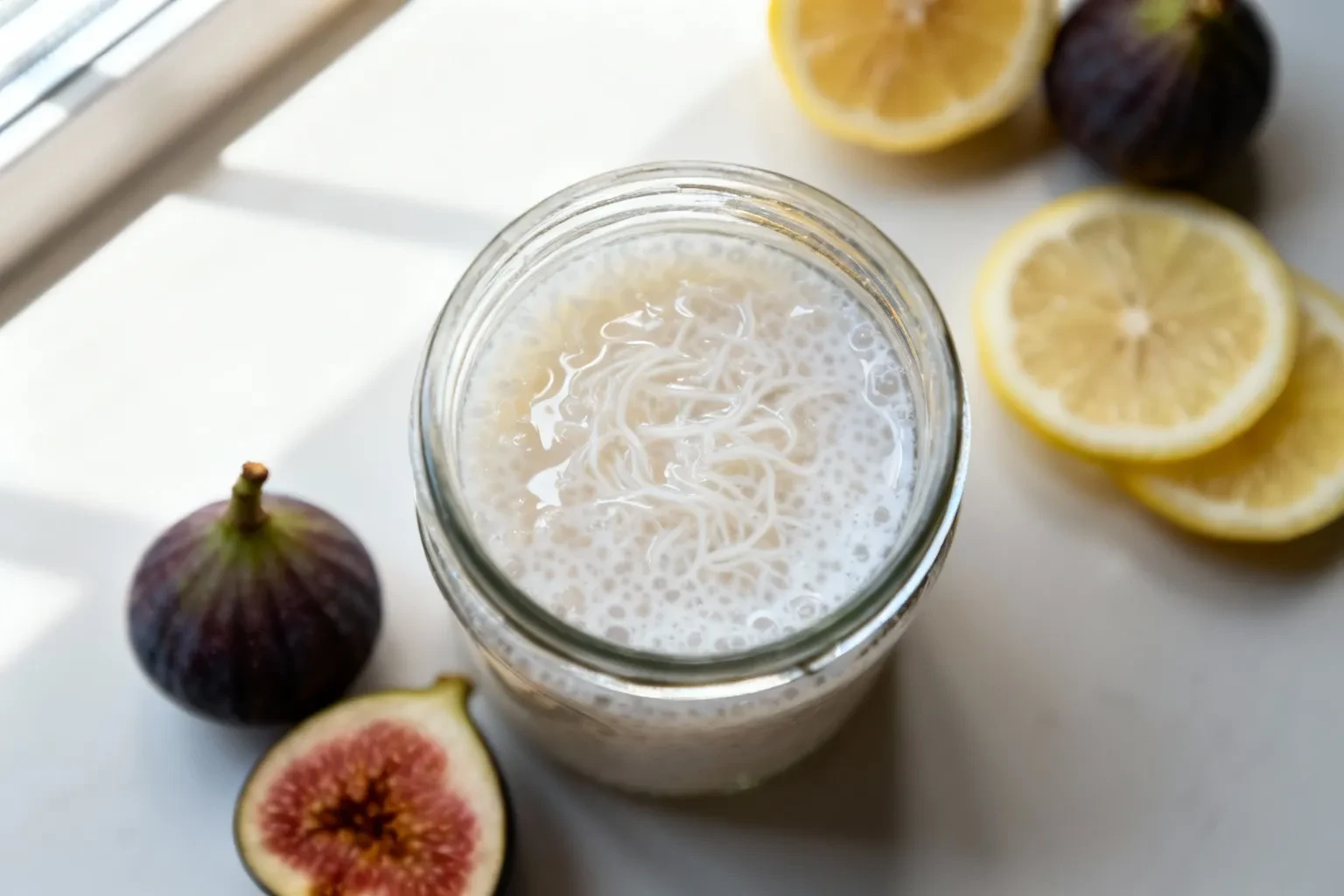 Kéfir maison en train de fermenter dans un bocal en verre avec figues fraîches et tranches de citron
