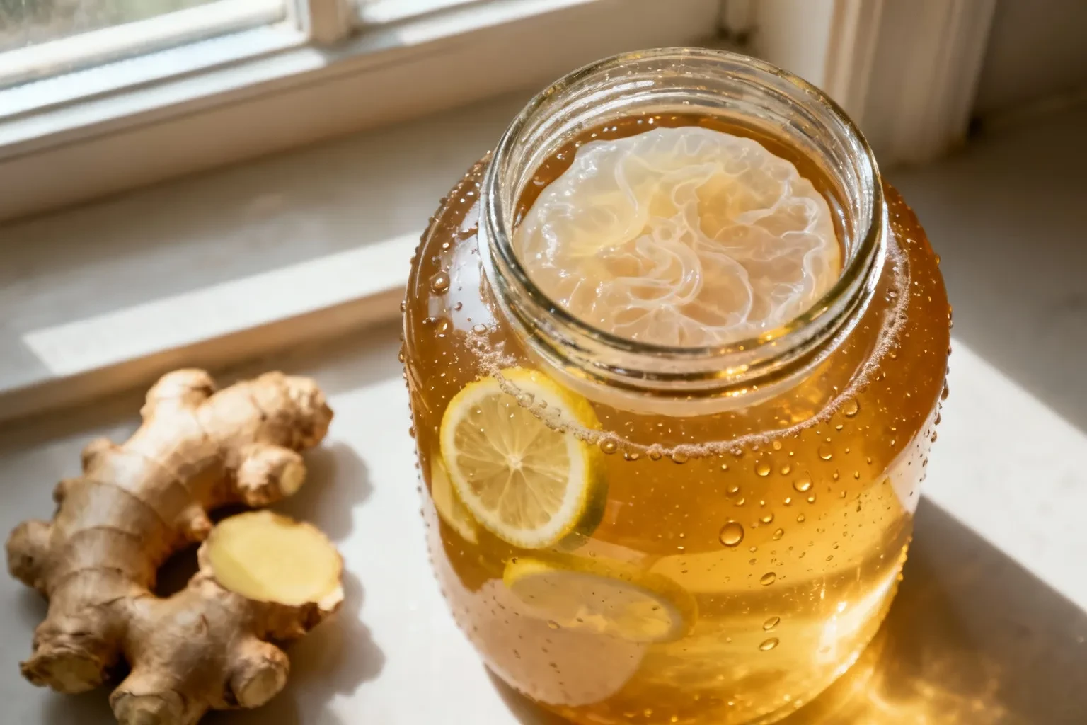 Bocal en verre de kombucha maison avec scoby, tranches de gingembre et citron visibles à travers la paroi