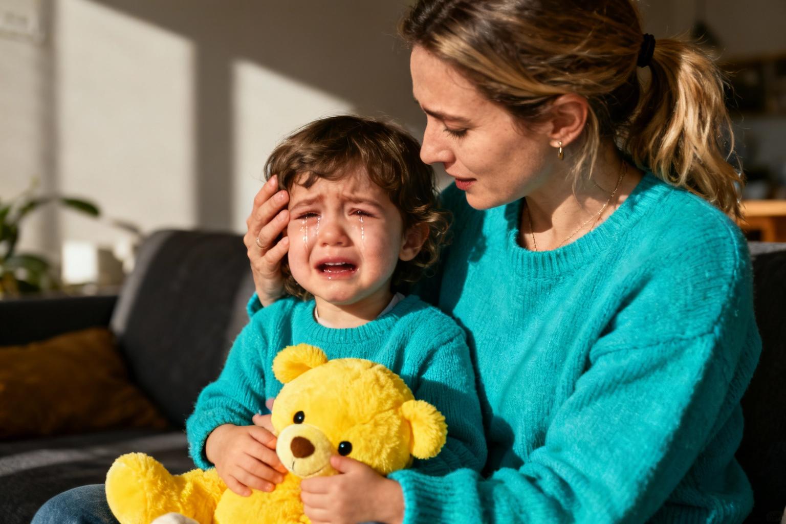 Jeune mère européenne caressant son enfant de 3 ans en pleurs, tenant un doudou jaune et portant un pull turquoise