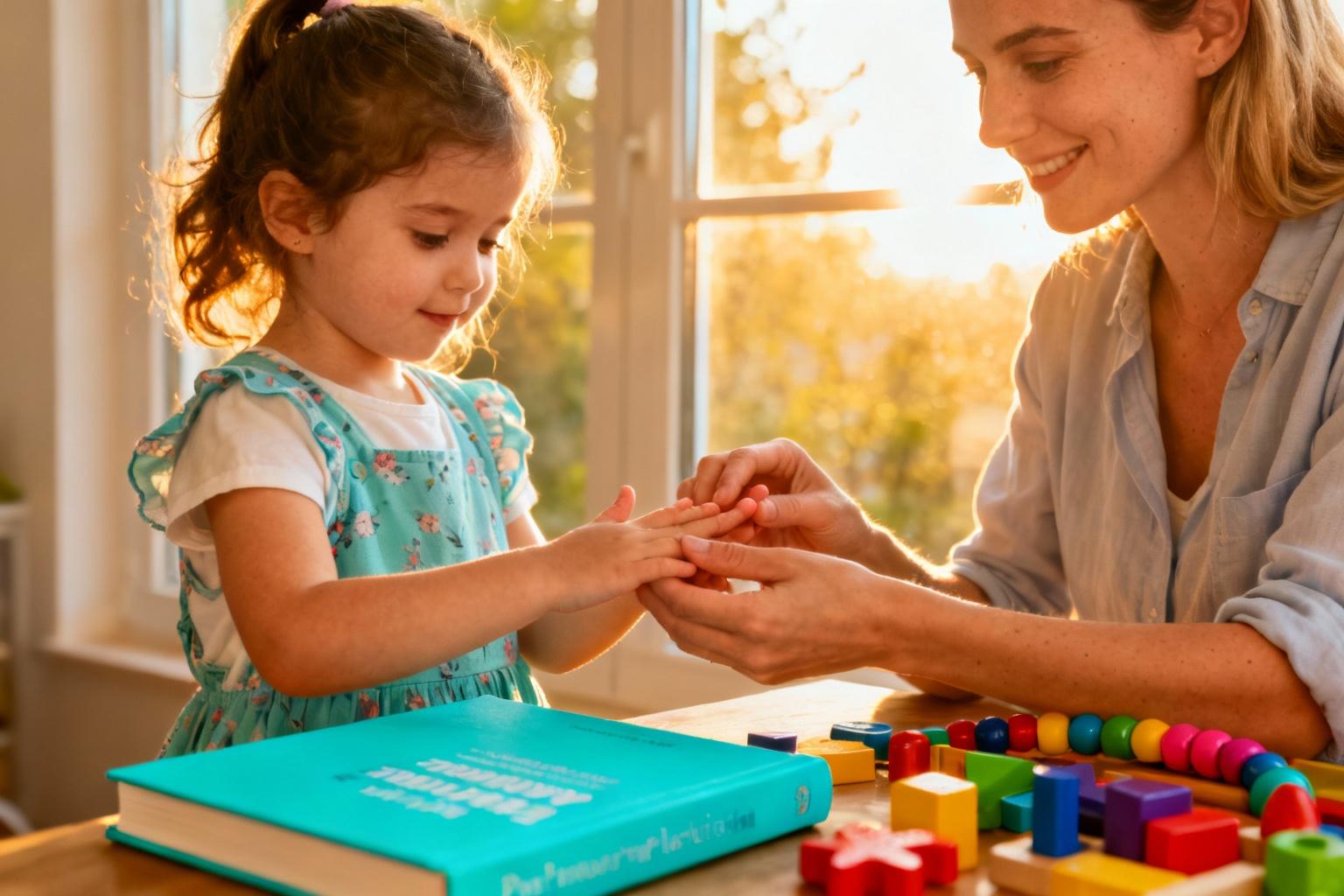Jeune mère aide sa fille de 3 ans avec douceur, entourée de jouets éducatifs et d'un livre turquoise