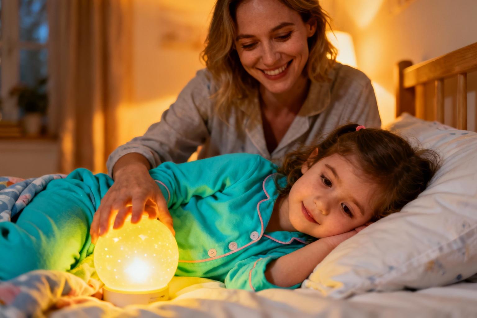 Mère souriante bordant son enfant de 3 ans avec des pyjamas turquoise dans une chambre éclairée par une veilleuse