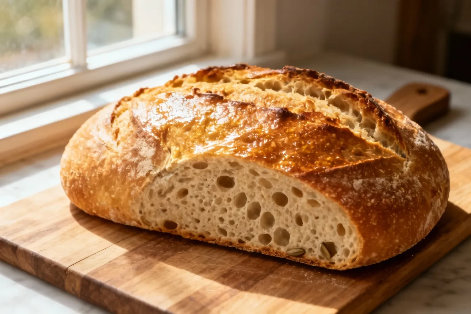 Pain maison rustique avec croûte dorée et mie aérée posé sur une planche en bois