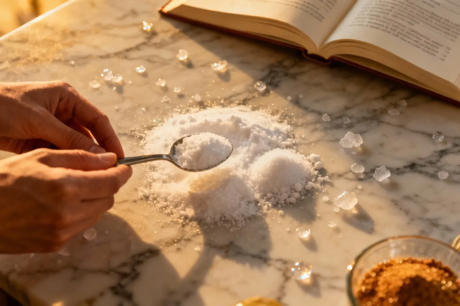 Bicarbonate de soude et acide citrique mesurés sur un marbre avec livre de recettes visible, éclairage doré