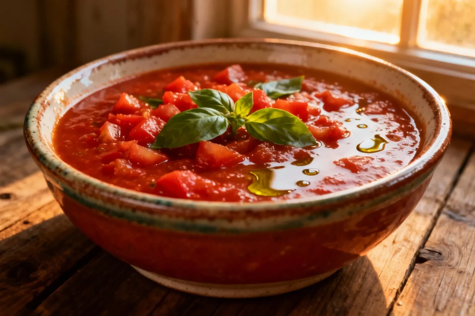 Sauce tomate épaisse dans un bol en céramique avec morceaux de tomates et feuilles de basilic, huile d'olive brillante sur fond en bois