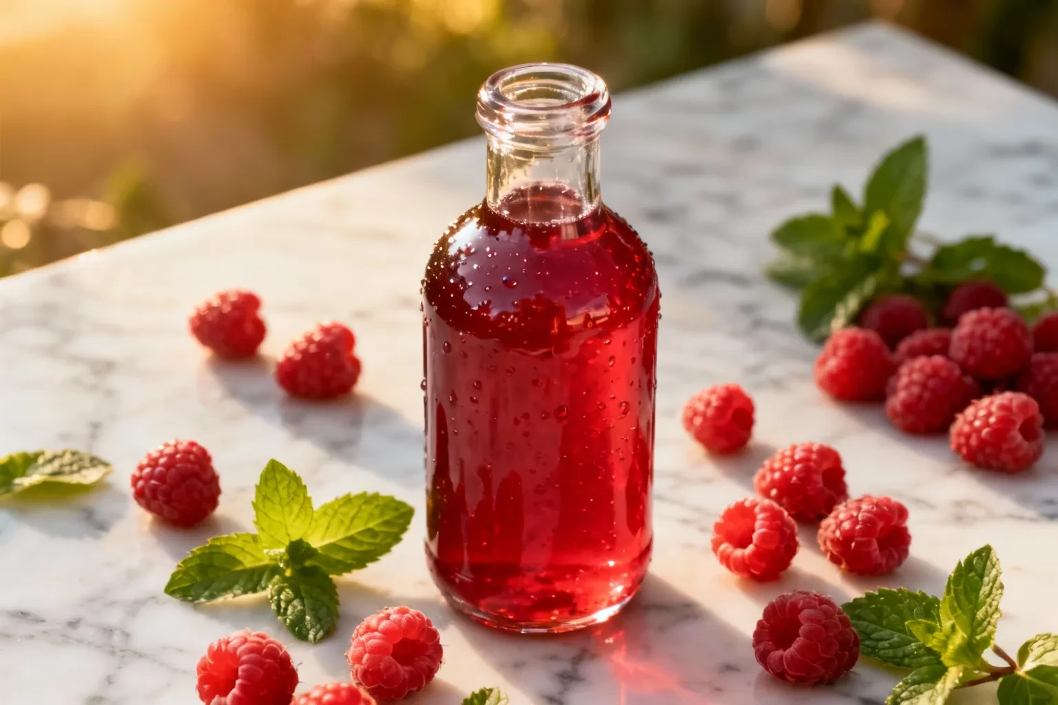 Sirop de framboise maison dans bouteille en verre posé sur table en marbre avec framboises fraîches et feuilles de menthe