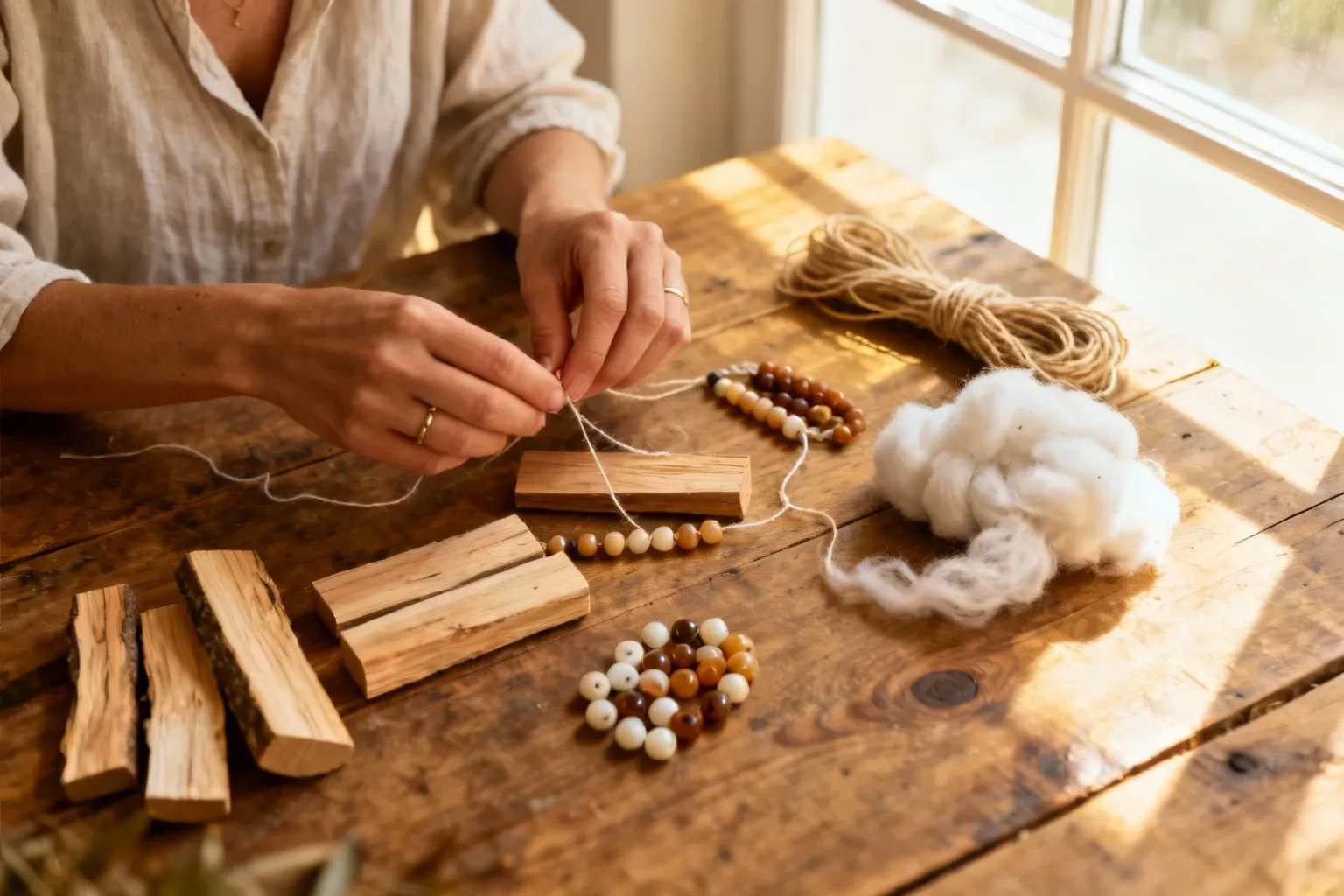 Mains de crafteuse française disposant des morceaux de bois, fil de coton et perles sur une table rustique