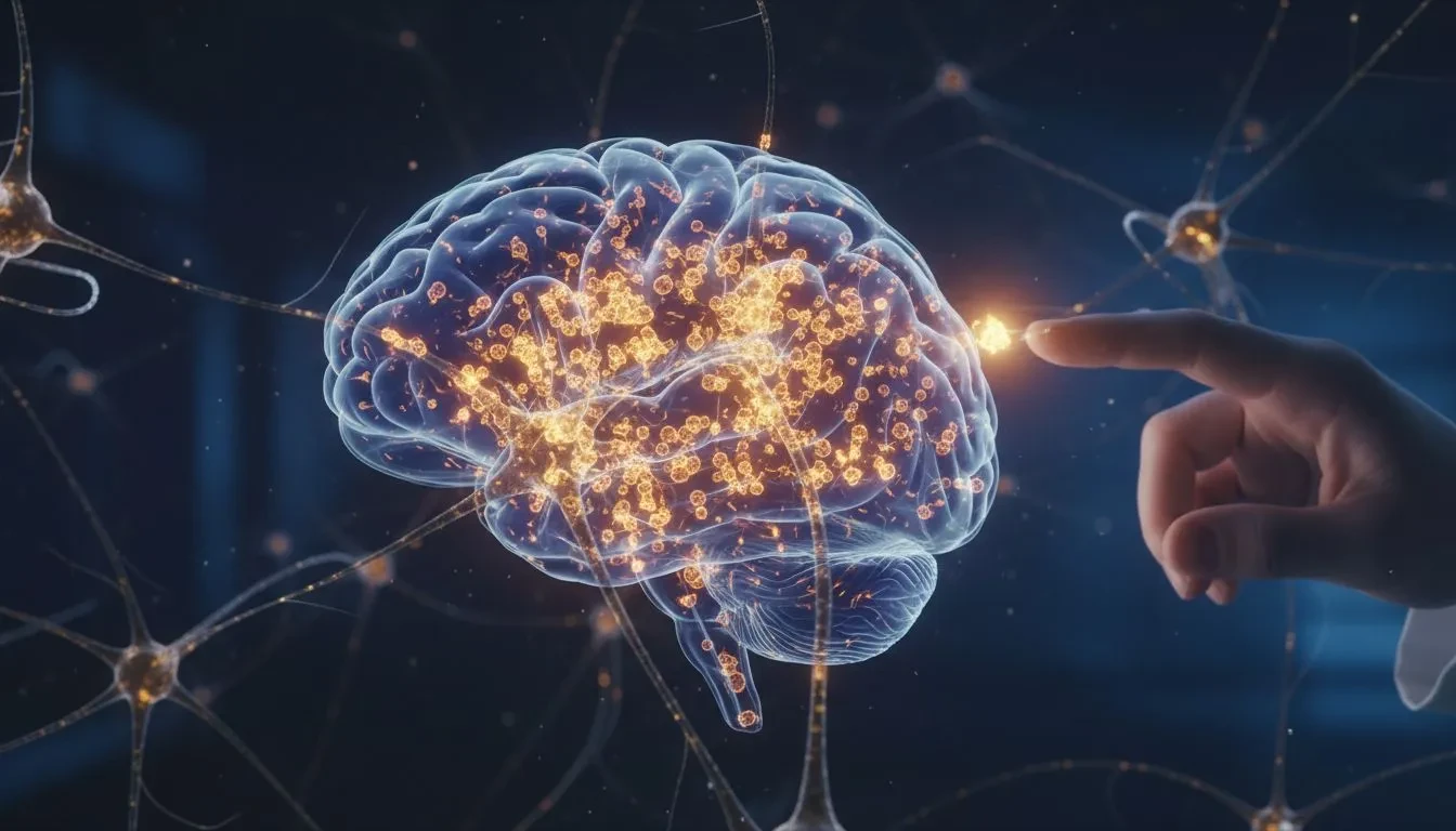Représentation scientifique du cerveau montrant des neurones bleu-violet avec accumulation de particules orange de glutamate, symbolisant la fatigue mentale