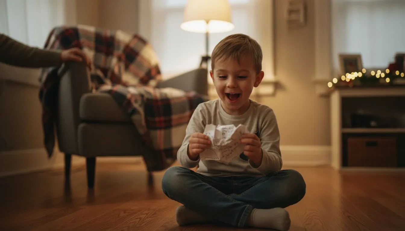Jeune enfant assis par terre lisant un papier avec ses vœux de l'an passé, visage illuminé de joie dans un salon familial chaleureux