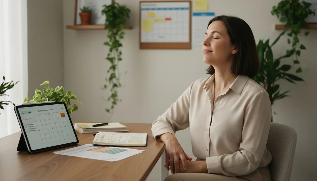 Femme de 38 ans assise à son bureau minimaliste, exprimant un soulagement visible avec une lumière naturelle douce et des plantes vertes
