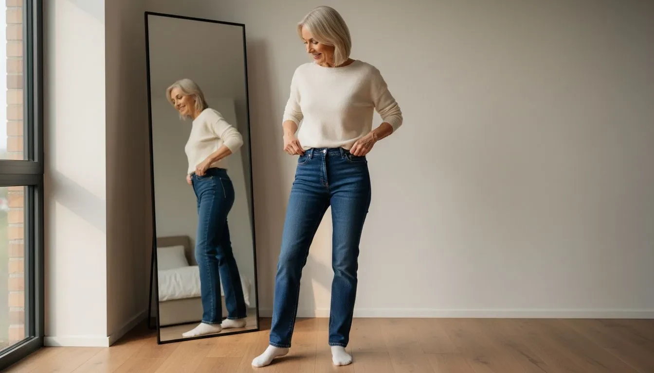 Femme mature souriante dans un jean droit bien ajusté devant un miroir, vérifiant la coupe parfaite sans plis aux genoux