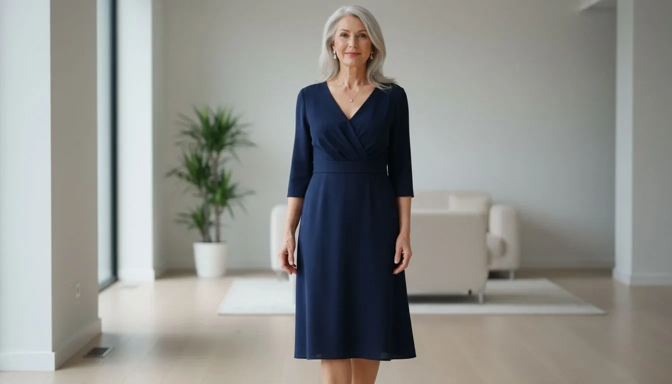 Femme mature de 62 ans portant une robe bleu marine longueur genou dans un intérieur moderne et lumineux
