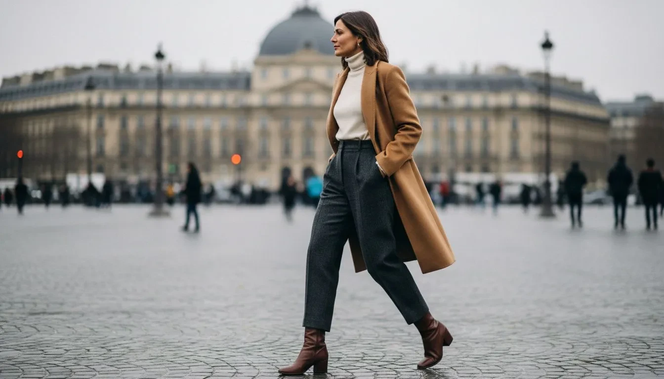 Femme parisienne marchant sur les Champs-Élysées en pantalon barreau en laine gris foncé avec pull crème et manteau camel