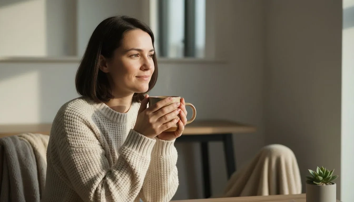 Jeune femme assise près d'une fenêtre, tenant une tasse de thé, baignée par une lumière matinale douce dans un intérieur minimaliste