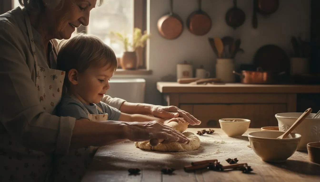 Grand-mère et jeune enfant concentrés à pétrir une pâte à biscuits dans une cuisine rustique ensoleillée