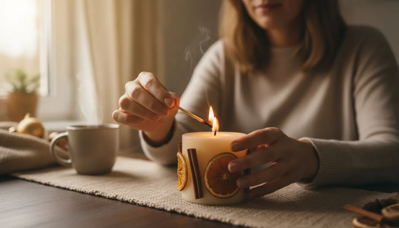 Mains féminines allumant une bougie parfumée à la cannelle sur une table décorée pour les fêtes, avec lumière dorée et ambiance chaleureuse